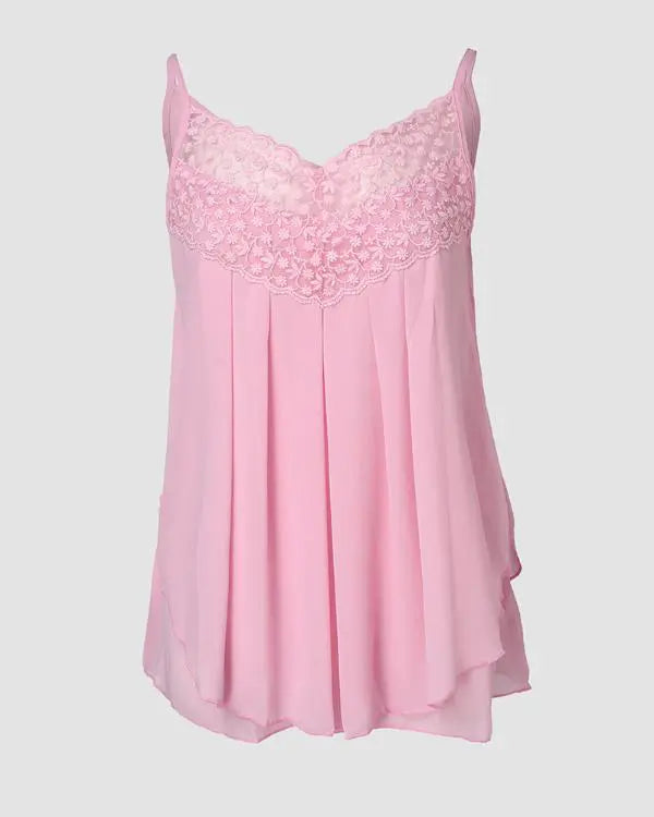 Floral Pattern Lace Patch Ruched Scallop Trim Cami Top