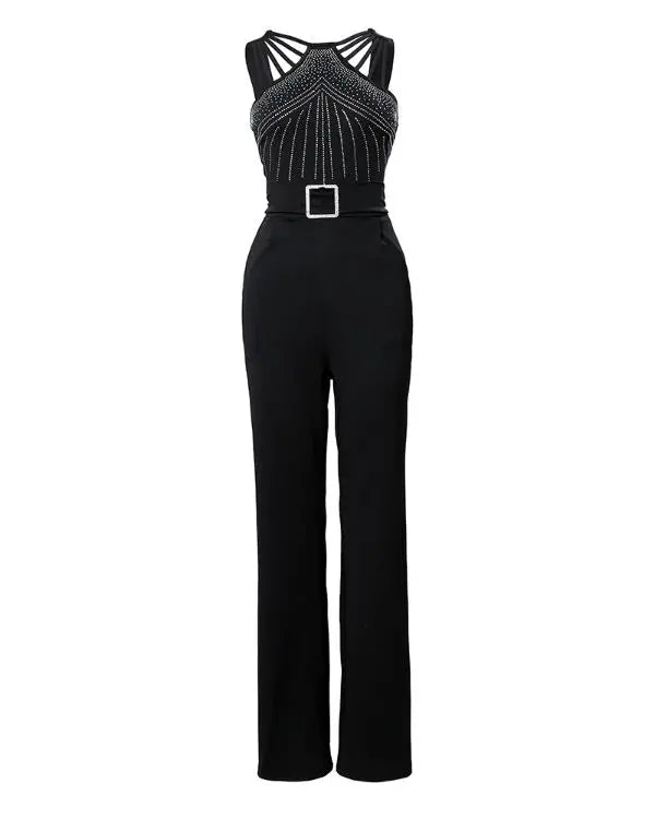 Multi Strap Sleeveless Jumpsuit Rhinestone Bootcut Overalls