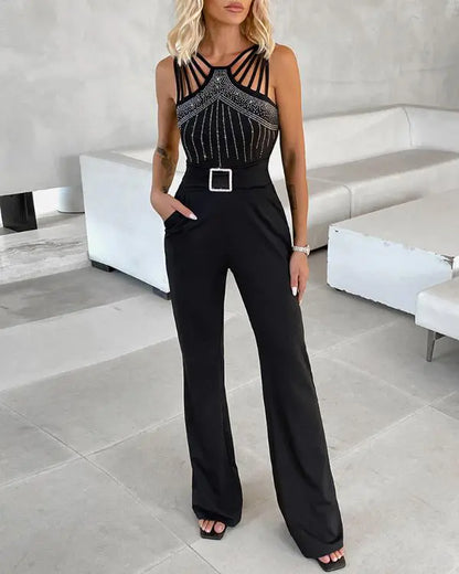 Multi Strap Sleeveless Jumpsuit Rhinestone Bootcut Overalls