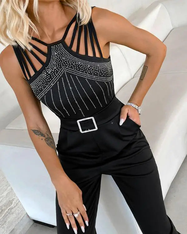 Multi Strap Sleeveless Jumpsuit Rhinestone Bootcut Overalls