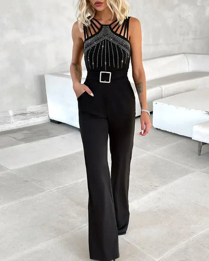 Multi Strap Sleeveless Jumpsuit Rhinestone Bootcut Overalls