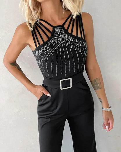 Multi Strap Sleeveless Jumpsuit Rhinestone Bootcut Overalls