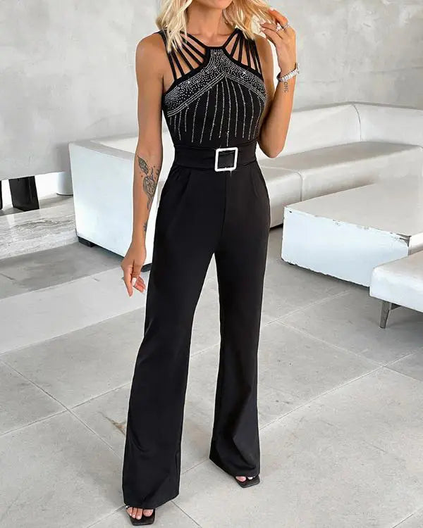 Multi Strap Sleeveless Jumpsuit Rhinestone Bootcut Overalls