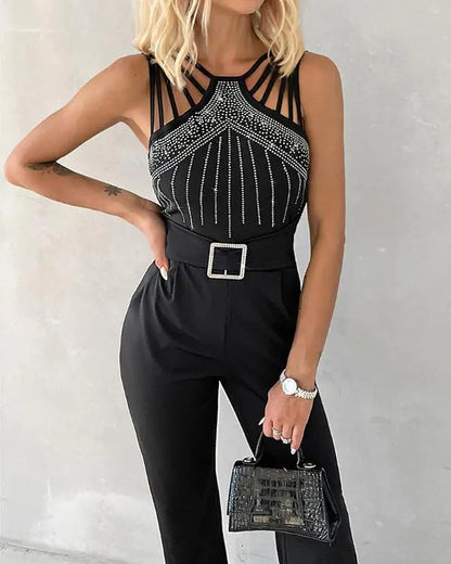 Multi Strap Sleeveless Jumpsuit Rhinestone Bootcut Overalls