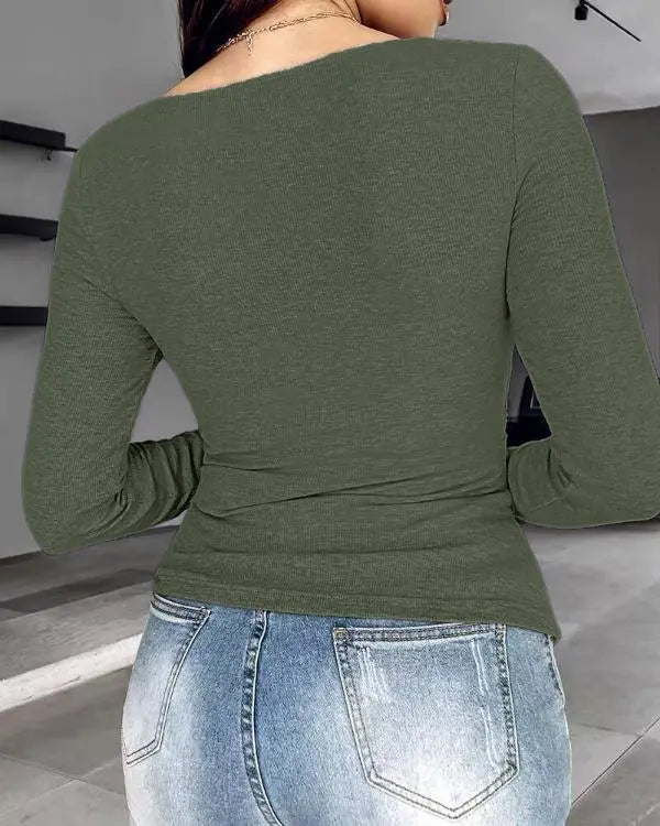 Built-in Bra Notch Neck Long Sleeve Shirts Rib-Knit Ruched Waist Top