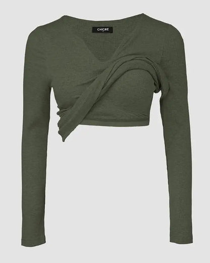 Built-in Bra Notch Neck Long Sleeve Shirts Rib-Knit Ruched Waist Top