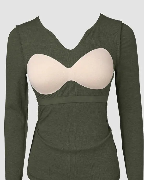 Built-in Bra Notch Neck Long Sleeve Shirts Rib-Knit Ruched Waist Top