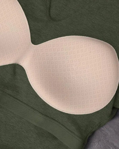 Built-in Bra Notch Neck Long Sleeve Shirts Rib-Knit Ruched Waist Top