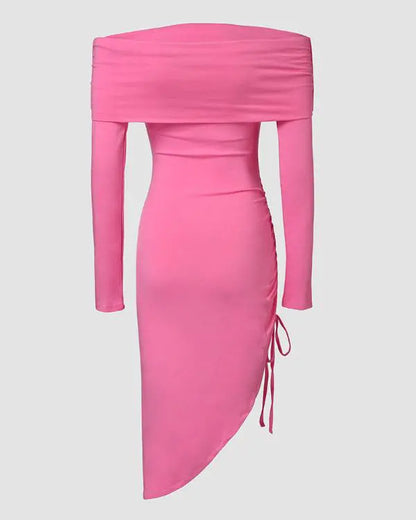 Off Shoulder Long Sleeve Side Drawstring Asymmetrical Hem Bodycon Dress