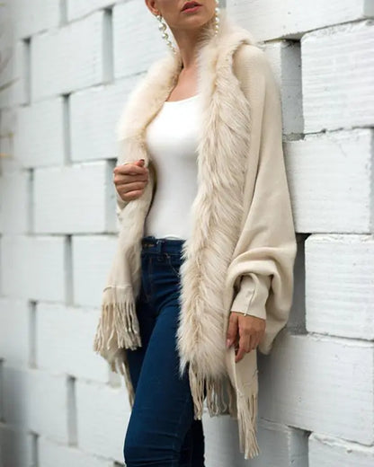 Fuzzy Collar Shawl Poncho Knit Cardigan