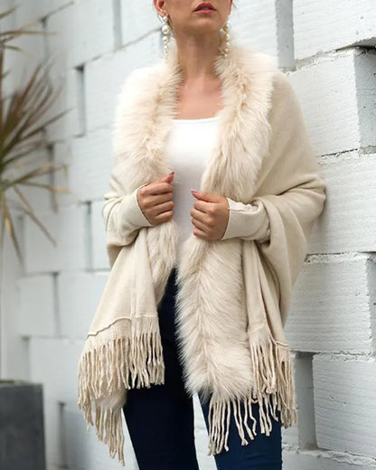 Fuzzy Collar Shawl Poncho Knit Cardigan