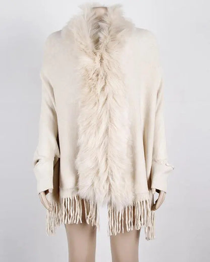 Fuzzy Collar Shawl Poncho Knit Cardigan
