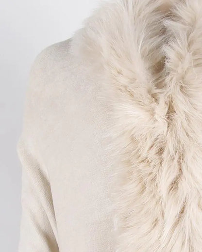 Fuzzy Collar Shawl Poncho Knit Cardigan