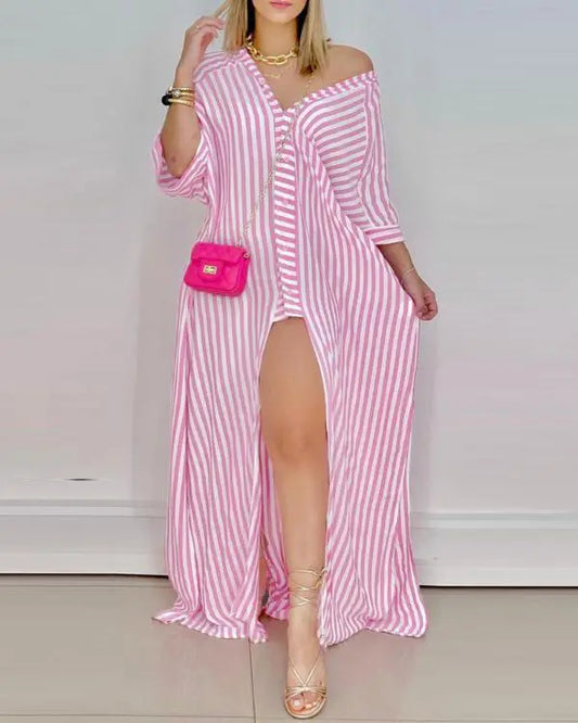 Striped Button Design High Slit Maxi Dress