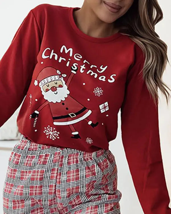 2 Piece Merry Christmas Cartoon Santa Claus Plaid Print Crewneck Pullover Top High Waist Pants Pajama Set