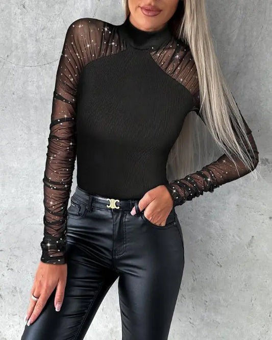 Rhinestone Round Neck Ruched Sheer Mesh Slim Fit Bodysuit Casual Romper