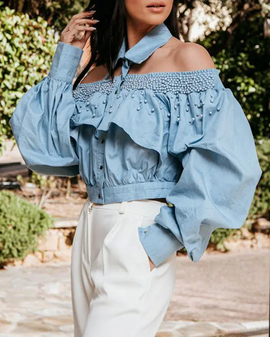 Denim Turn-down Collar Lantern Sleeve Beaded Front Button Shirred Blouse Casual Top
