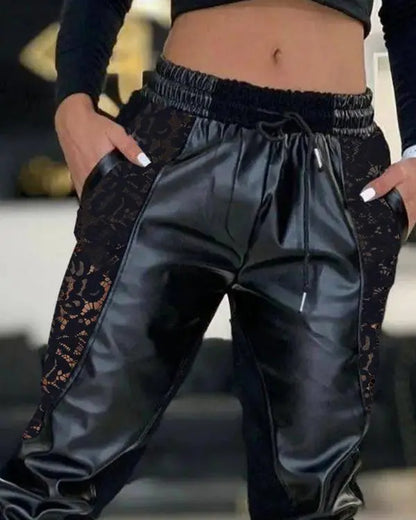 Contrast PU Lace Insert Drawstring Cuffed Pants