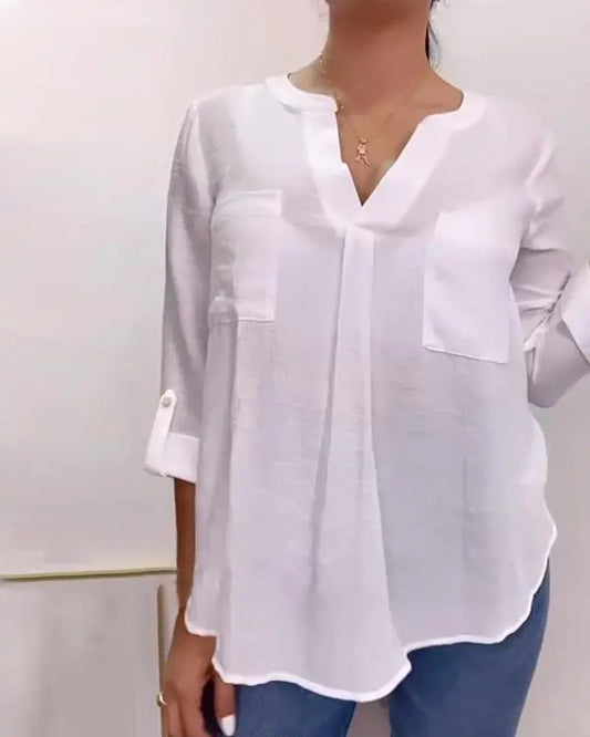V-Neck Roll Up Sleeve Back Button Blouse Casual Top with Pocket