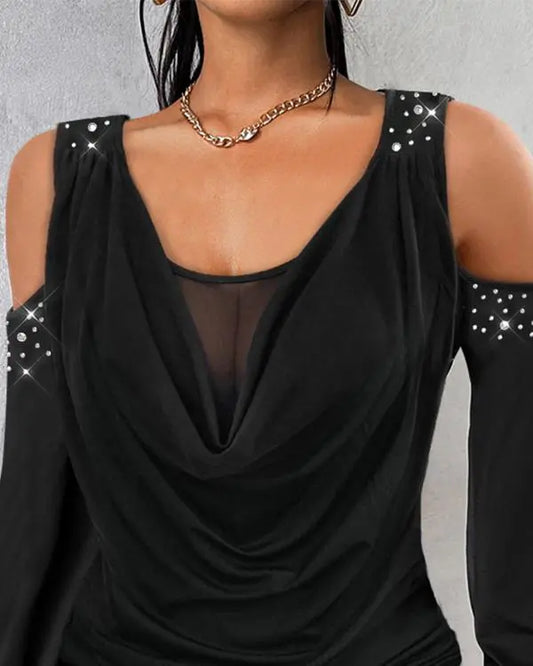 Rhinestone Cold Shoulder Sheer Mesh Patch Top