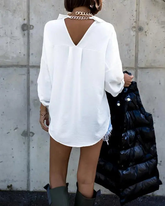 Turn-down Collar Long-Sleeve Front Button Backless Shirt Metal Chain Decor Blouses with Patch Pocket