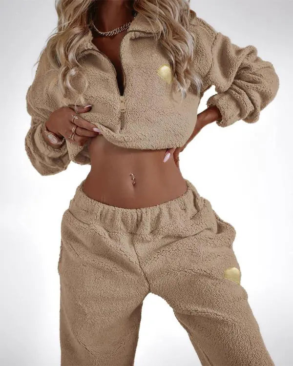 2 Piece Outfit Half Zip Up Fuzzy Coat and Stretchy Waist Long Pants with Pockets Tracksuit Set