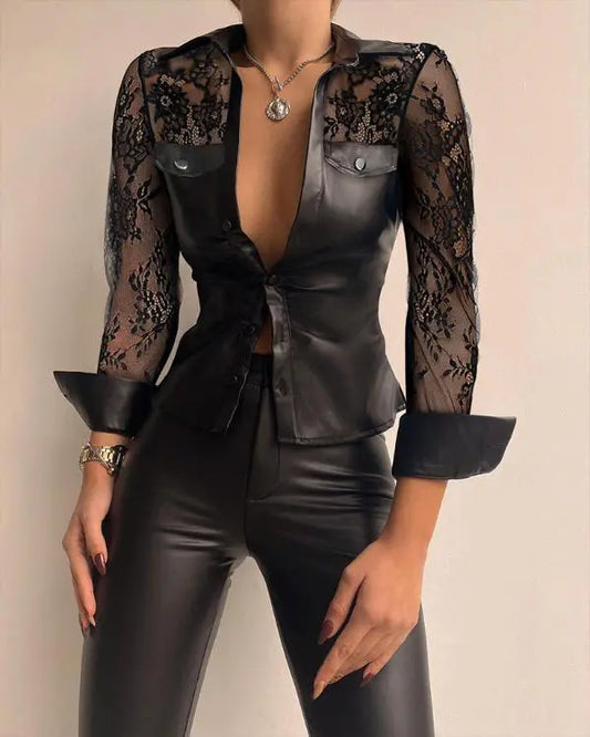 Contrast Lace Turn-down Collar PU Leather Button Down Shirt Sexy Slim Fit Long Sleeve Top