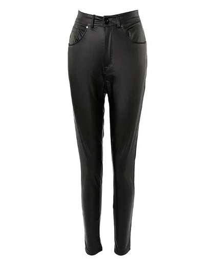 PU Leather Slim Fit Zipper High Waist Pants Casual Pants with Pockets