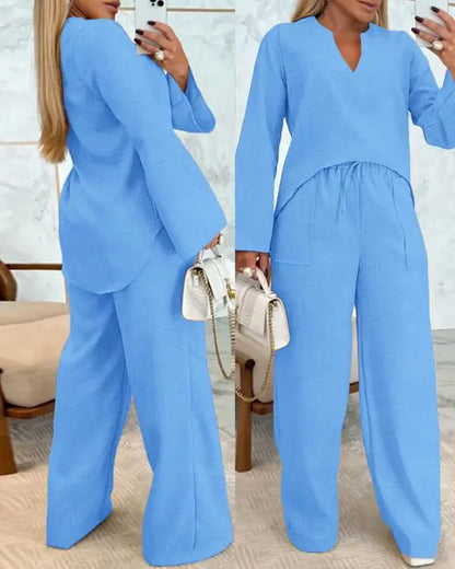 2 Piece Notch Neck Long Sleeve Asymmetrical Hem Tops Stretchy Waist Straight Leg Pants Lounge Sets Tracksuit