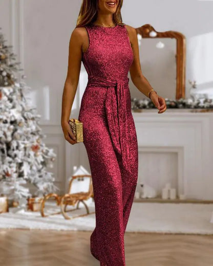 Glitter Round Neck Sleeveless Backless Sequins Jumpsuit