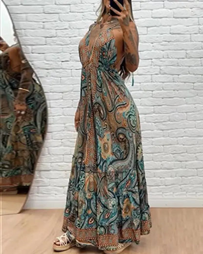 Tribal Print V-Neck Spaghetti Strap Maxi Dress Casual Backless Flowy A Line Dress