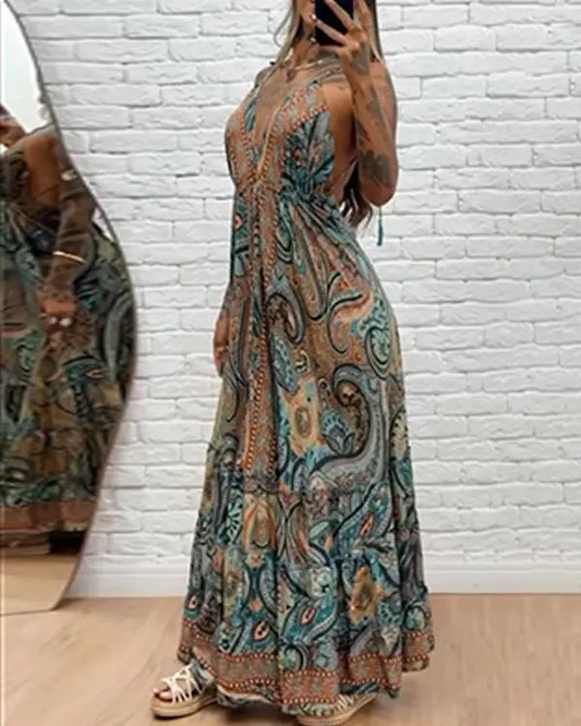 Tribal Print V-Neck Spaghetti Strap Maxi Dress Casual Backless Flowy A Line Dress