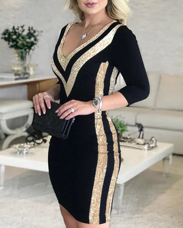 Rhinestone Round Neck Cutout Slim Fit Midi Dress Casual Bodycon