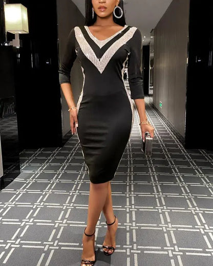 Contrast Sequin V-Neck Bodycon Dress Sexy Slim Fit Mini Dress