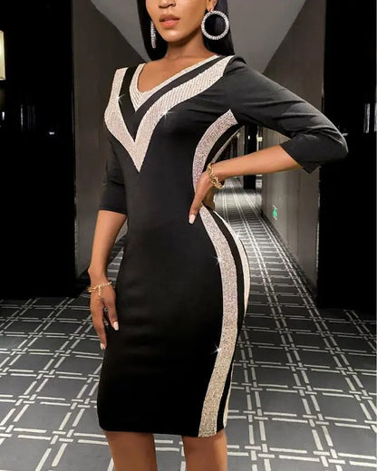 Contrast Sequin V-Neck Bodycon Dress Sexy Slim Fit Mini Dress