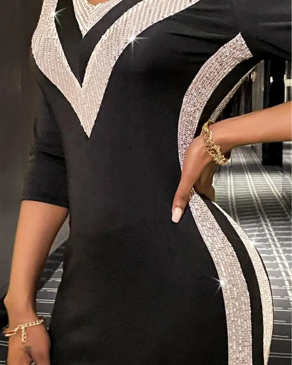 Mock Neck Rhinestone Decor Bodycon Dress Slim Fit Midi Dress