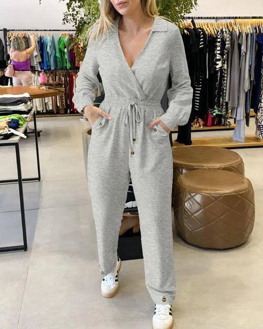 Lapel V-neck Collar Shirred Drawstring Waist Jumpsuit