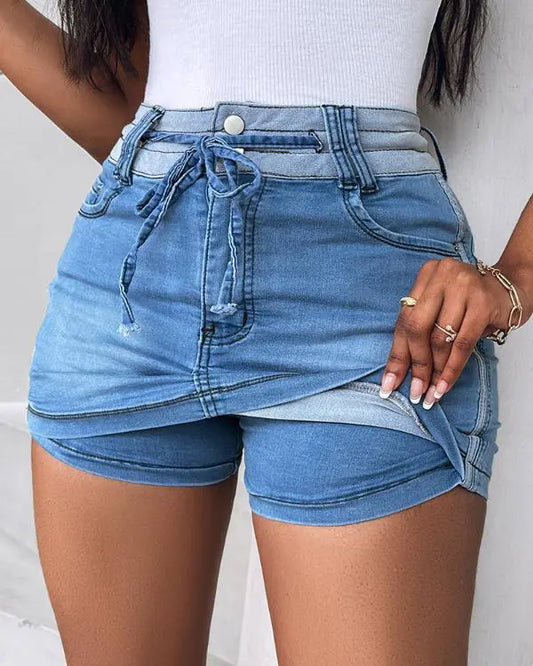 Drawstring Adjustable Waist Casual Denim Skirt Skort Jean Mini Skirt