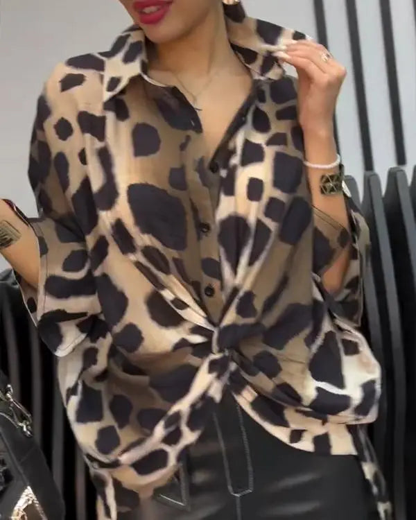 Leopard Print Turn-down Collar Button Front Sihrt Twisted Oversized Blouse Top