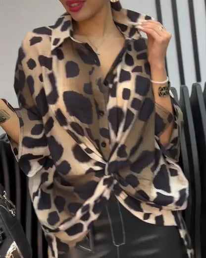 Leopard Print Turn-down Collar Button Front Sihrt Twisted Oversized Blouse Top