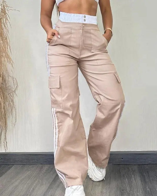 Striped Tape Patch Shirred Stretchy High Waist Pants Pocket Design Cargo Pants