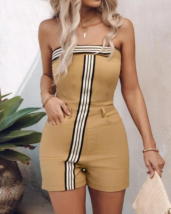 Striped Print Bandeau Sleeveless Shirred Jumpsuit Elegant Romper with Pocket