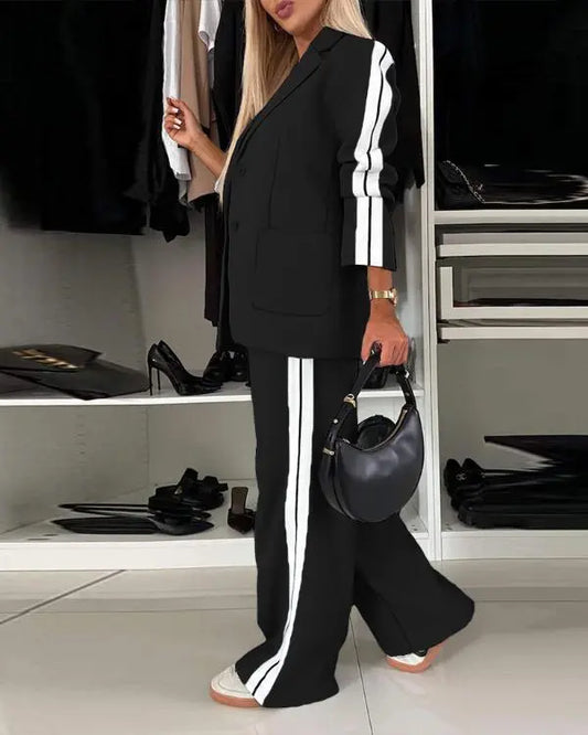 Striped Side Sporty Tape Notched Collar Front Button Blazer Wide-Leg Pants with Pockets Pants Set