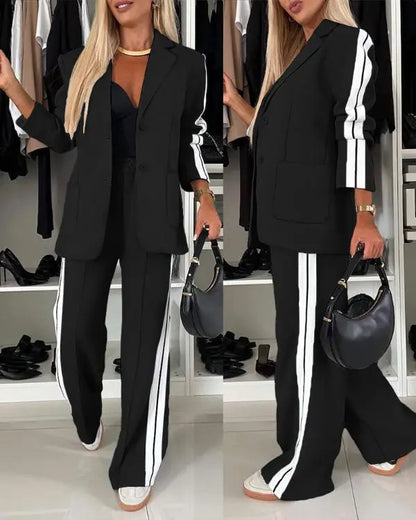 Striped Side Sporty Tape Notched Collar Front Button Blazer Wide-Leg Pants with Pockets Pants Set