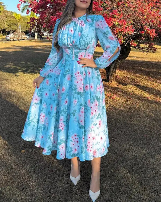Floral Print Round Neck Lantern Long Sleeve Dress A-Line Flowy Maxi Dress