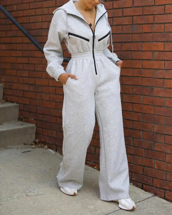 Long Sleeve Stretchy Waist Zip Up Hooded Jumpsuit One Piece Outfit with Pockets