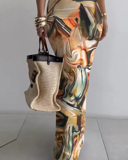 Marble Print U-Neck Sleeveless Maxi Skims Dress