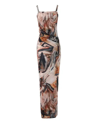 Marble Print U-Neck Sleeveless Maxi Skims Dress