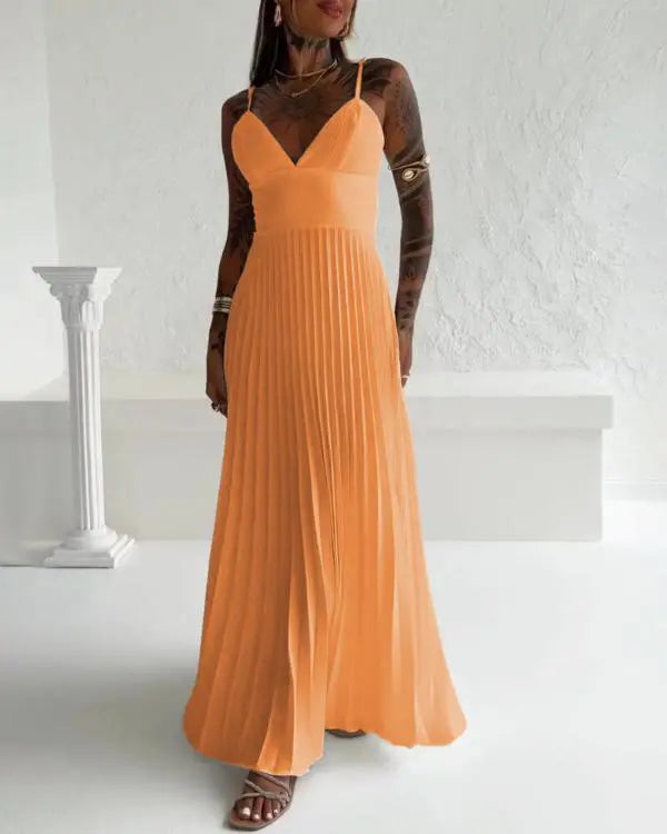 Bandeau Sleeveless Pleated Dress Elegant Flowy A Line Maxi Dress