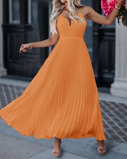 Bandeau Sleeveless Pleated Dress Elegant Flowy A Line Maxi Dress